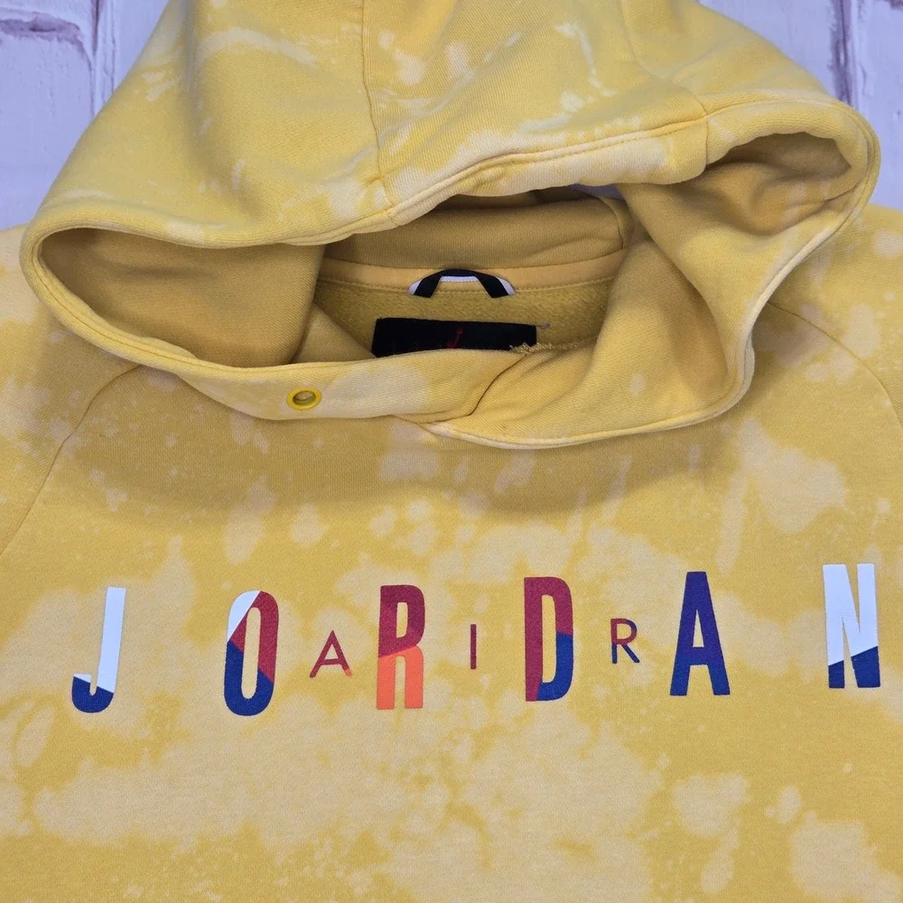 Air Jordan Men Yellow Acid Wash Bleach Splatter Pullover Hoodie Graphic Sz Small